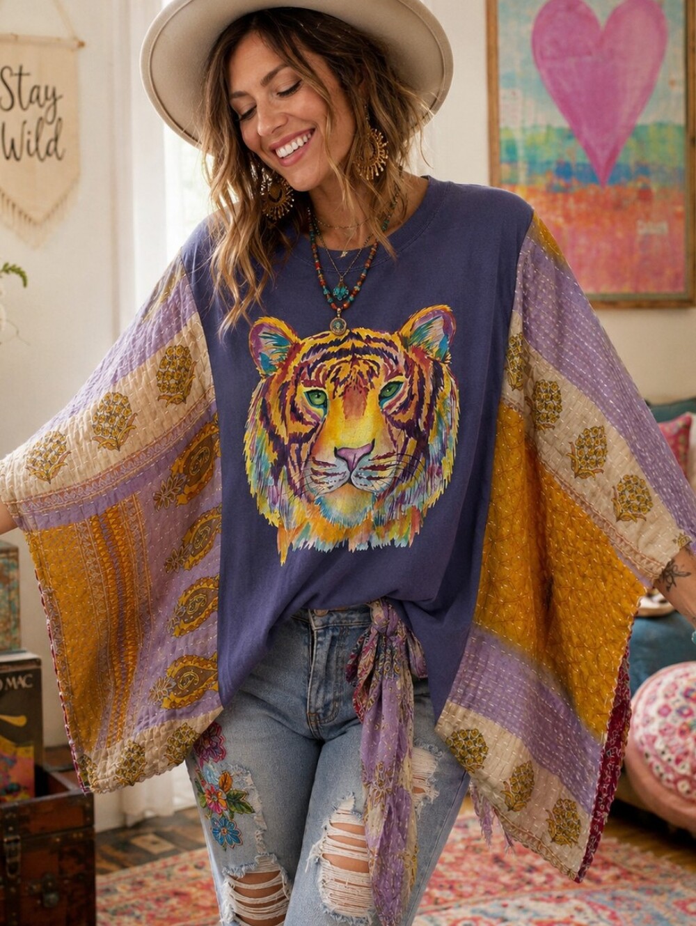 Upcycled Colorful Tiger Graphic Tee With Kantha Sleeves, OS